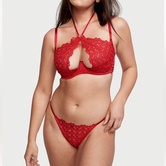 Victorias Secret Dream Angels Sweetheart Lace Ouvert cup Halter bra & panty Set - Picture 3 of 15